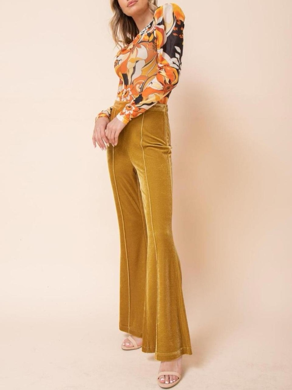 Flying Tomato Mustard Yellow Fresh Start Velvet High Waist Flair Pants Small